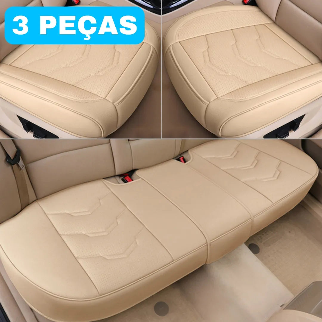 Imagem mostra 3 almofadas do kit instaladas no banco do motorista, passageiro e atrás