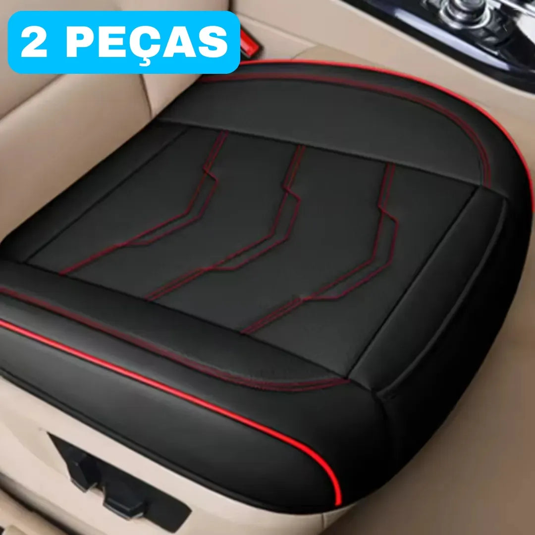 Imagem mostra 1 almofada aplicada no banco do carro; o kit inclui 2 peças para os bancos da frente