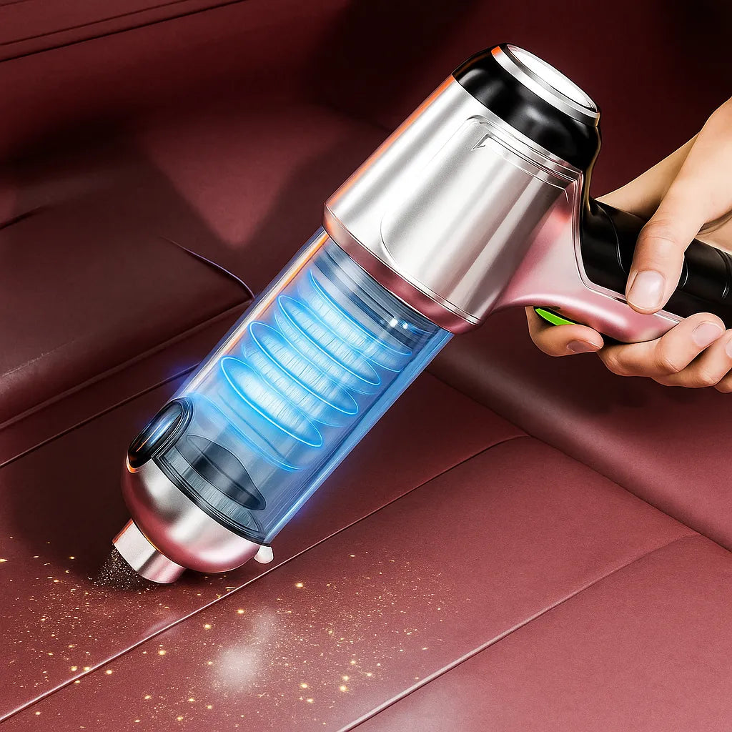 imagem mostra o Aspirador de Po para Carro sugando a poeira do banco do carro