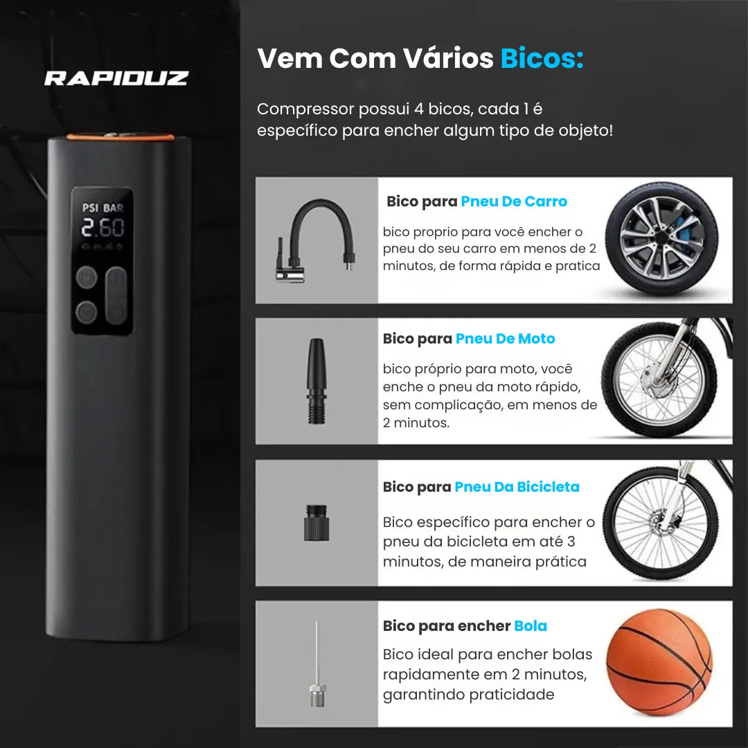 Kit com 4 bicos do compressor portátil, uso em carro, moto, bolas e infláveis