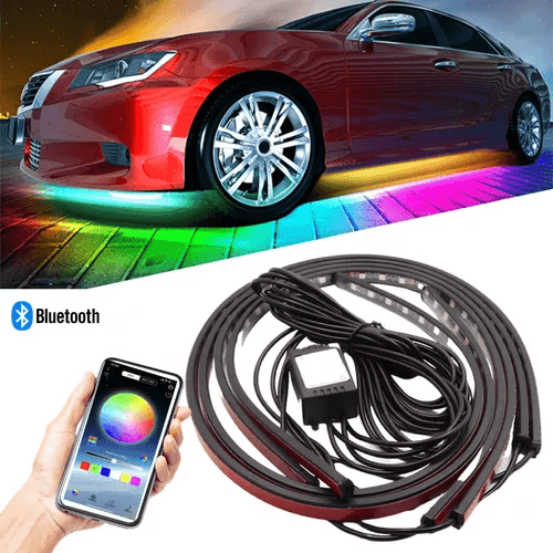 Fita de LED para carro instalada embaixo com controle por Bluetooth fácil e prático