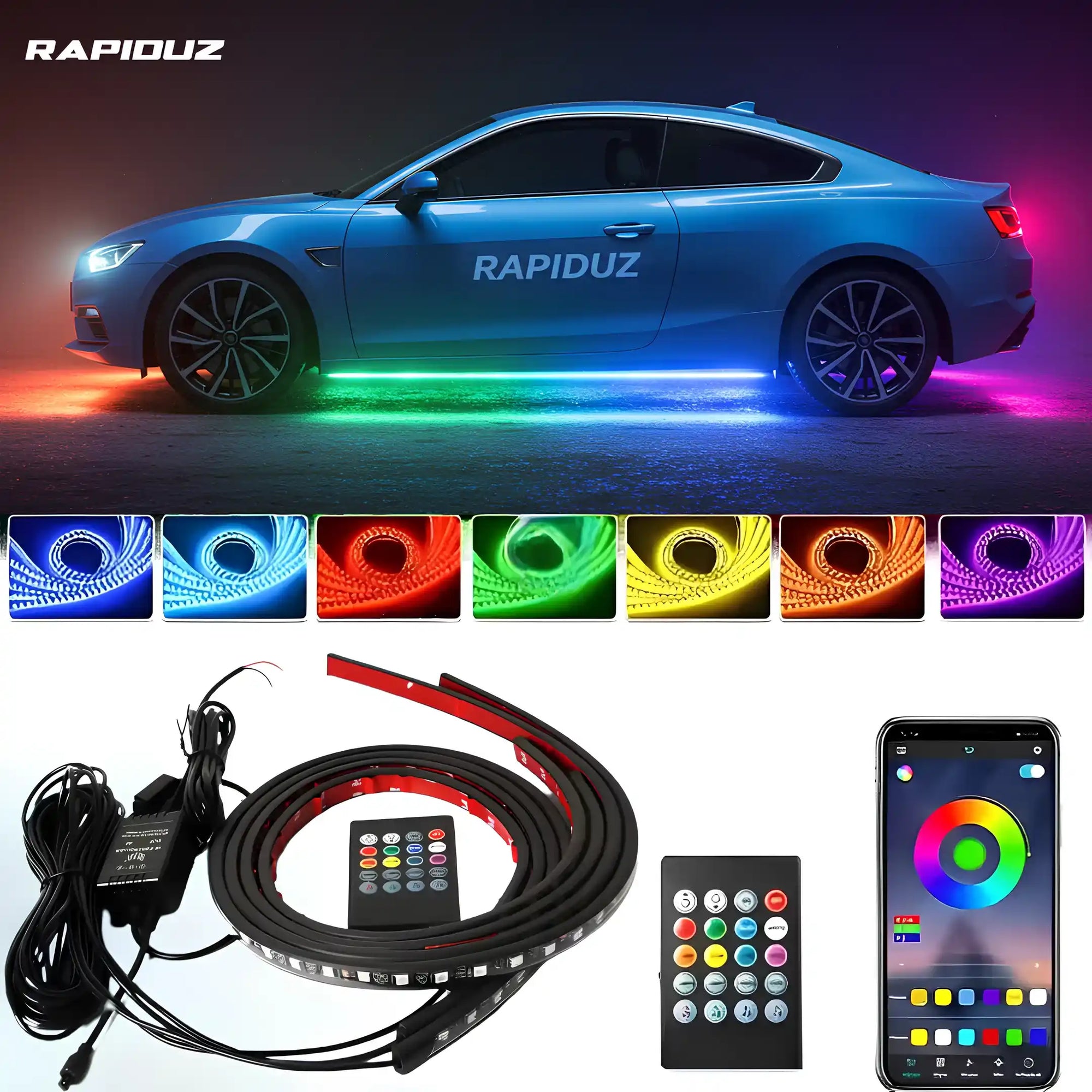 Fita de LED para carro com várias cores e troca fácil via controle ou app Bluetooth