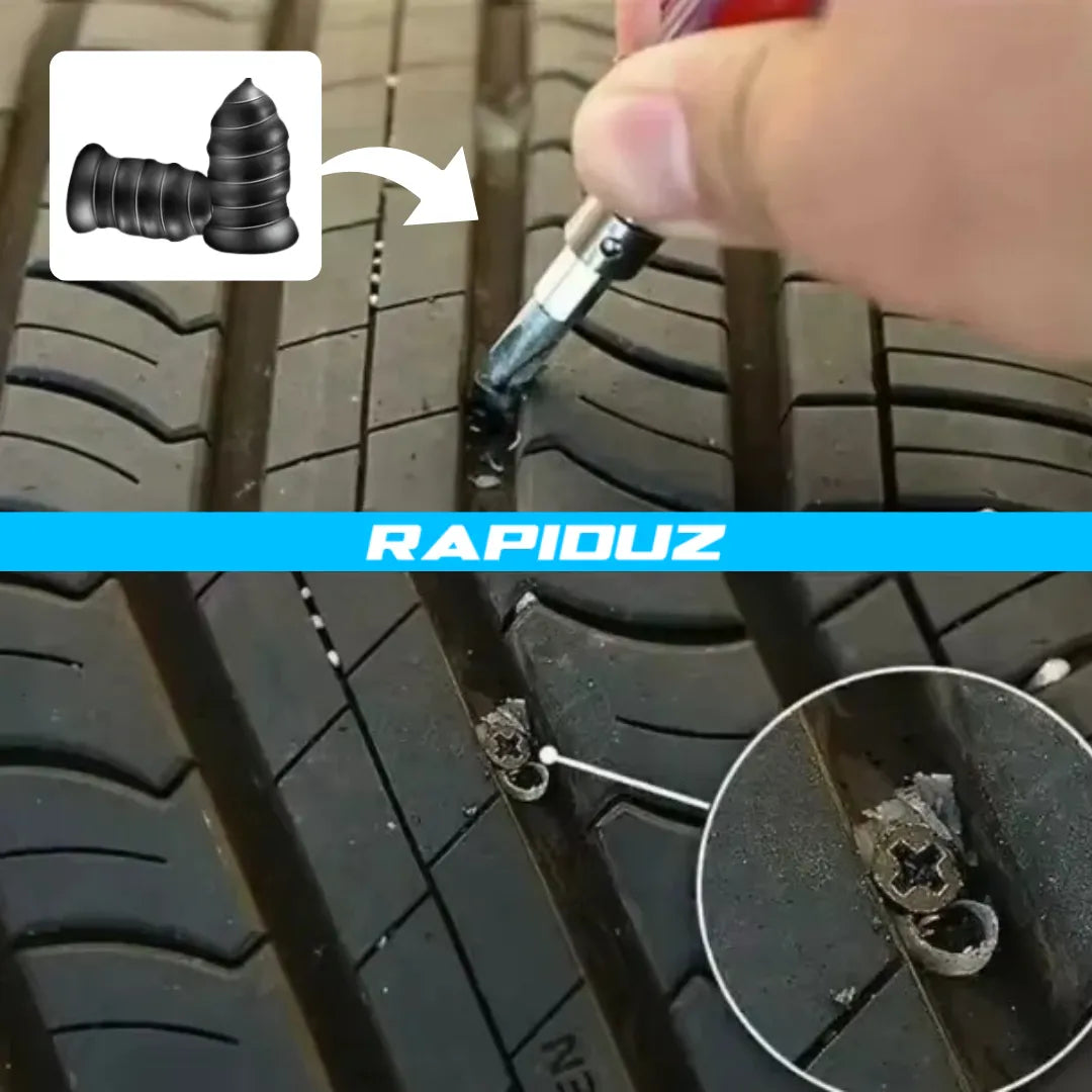 Kit reparo de pneu sendo usado na prática, conserto rápido e fácil em pneus furados 