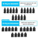 Kit de reparo de pneu com 15 peças grandes e 15 pequenas para consertos rápidos.
