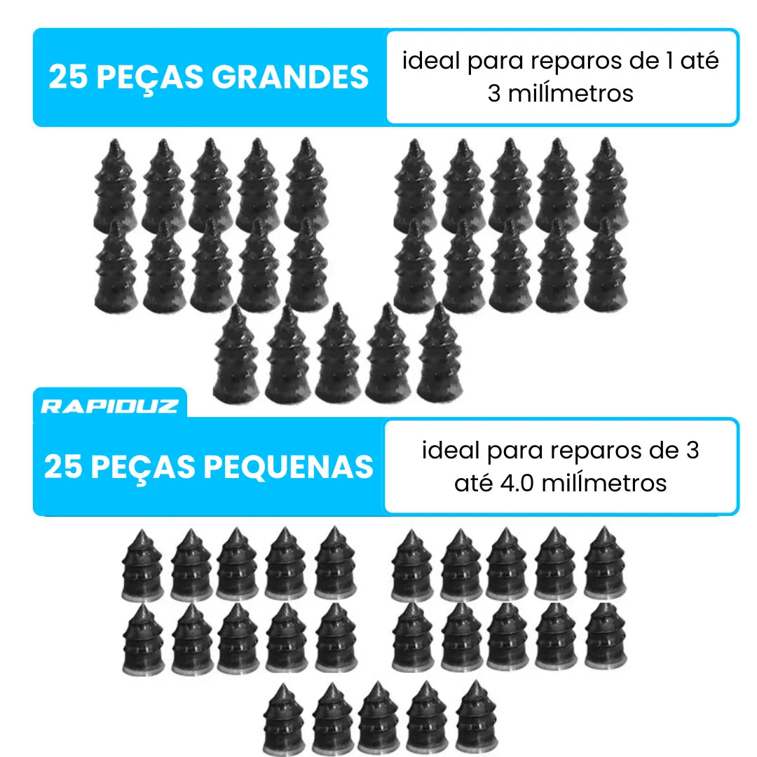 Kit de reparo de pneu com 25 peças grandes e 25 pequenas para consertos em situações de emergência