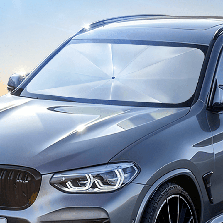 Protetor para-brisa em ação, proteção térmica e bloqueio de luz solar direta no carro