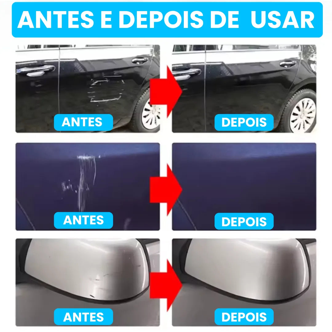 Foto comparativa de antes e depois após aplicar removedor de riscos no carro