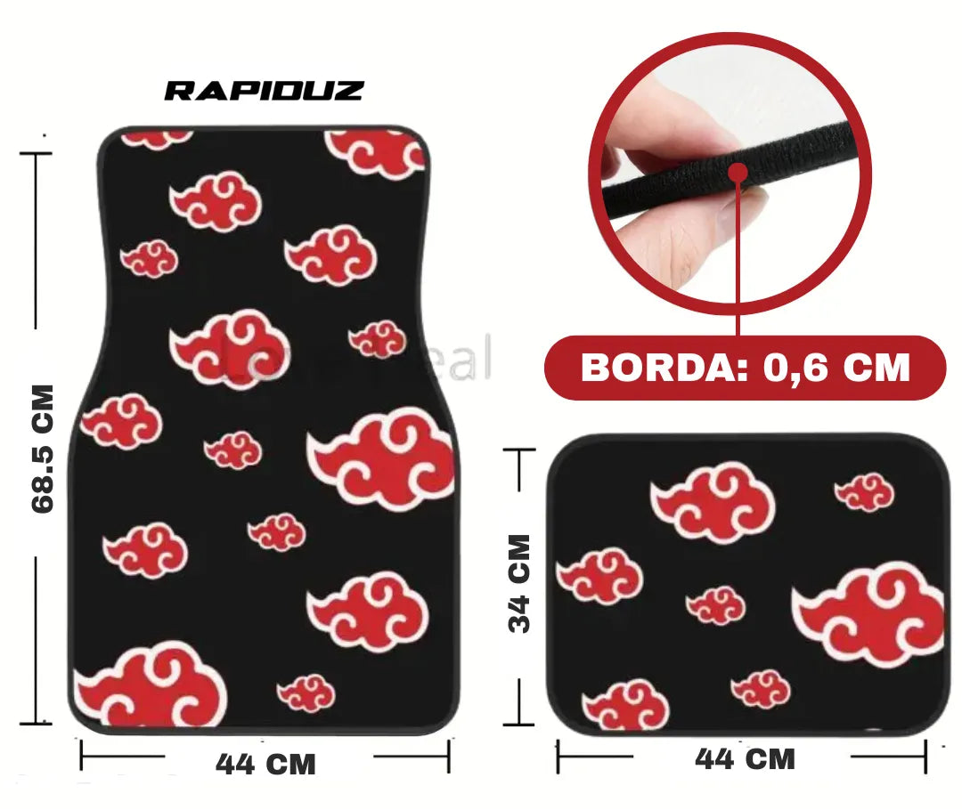 Imagem os tamanhos do tapete automotivo da akatsuki, medidas da: altura, largura e borda do tapete de carro