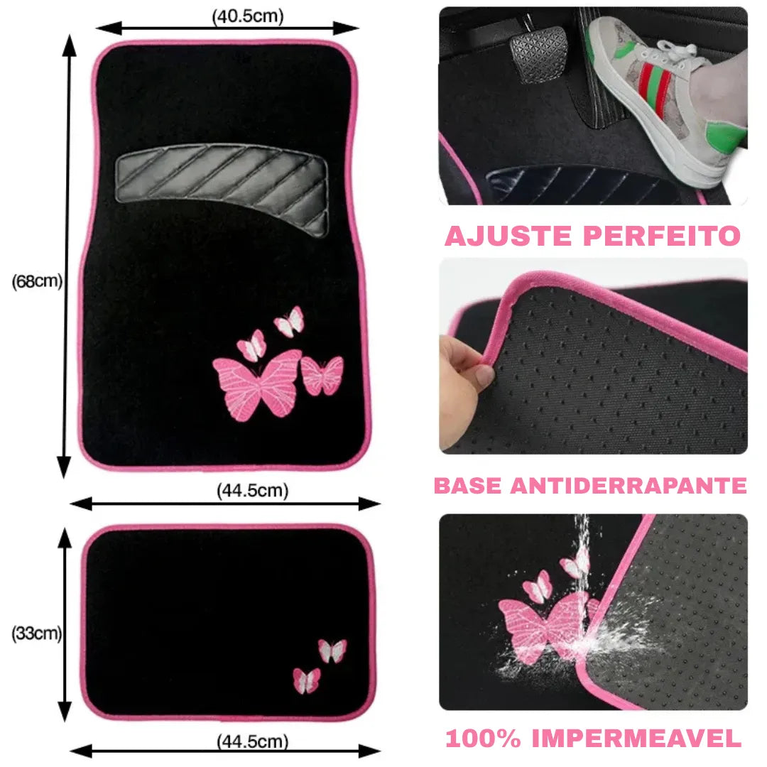 Tapete borboleta rosa com ajuste universal, base antiderrapante e 100% impermeável
