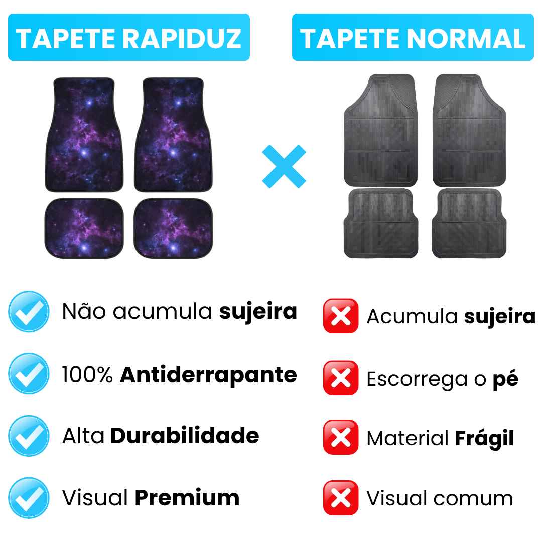 imagem mostra tapete automotivo da loja rapiduz sendo comparado com um tapete de carro normal