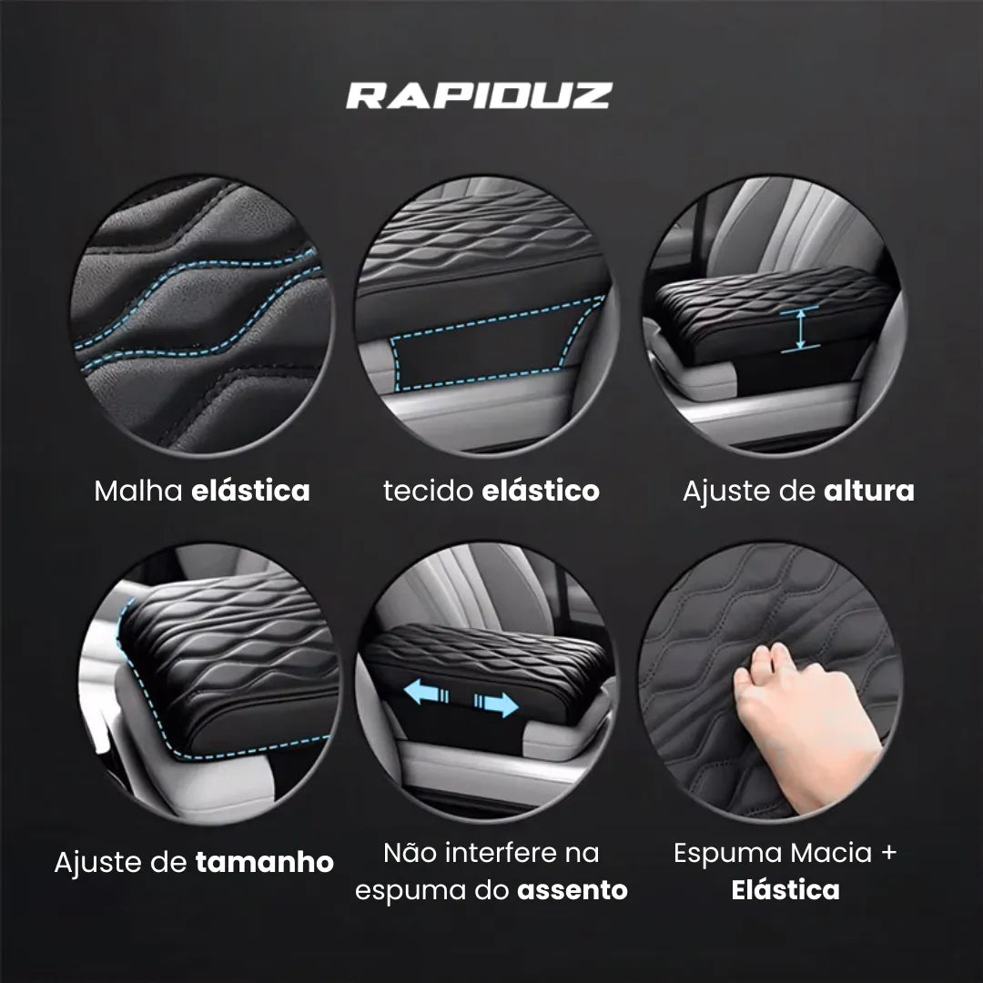 Imagem mostra capa de couro trazendo os benefícios: conforto e proteção para o apoio de braço + como ajustar no carro