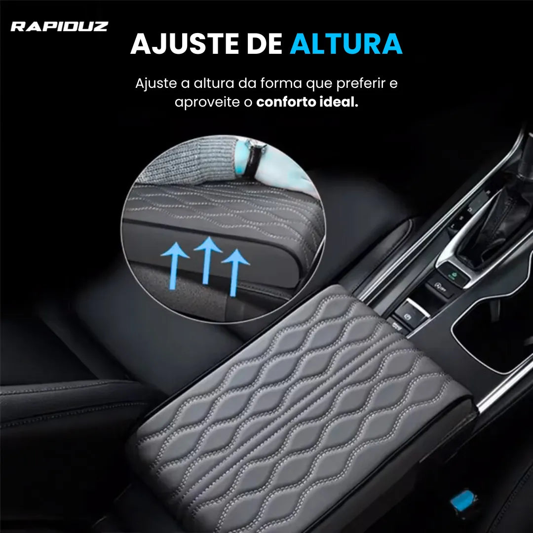 Imagem mostra como ajustar a altura da capa de couro no apoio de braço do carro.