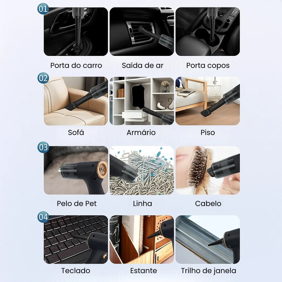 imagem mostra todos os cantos e lugares que pode ser limpo com o aspirador de po para carro