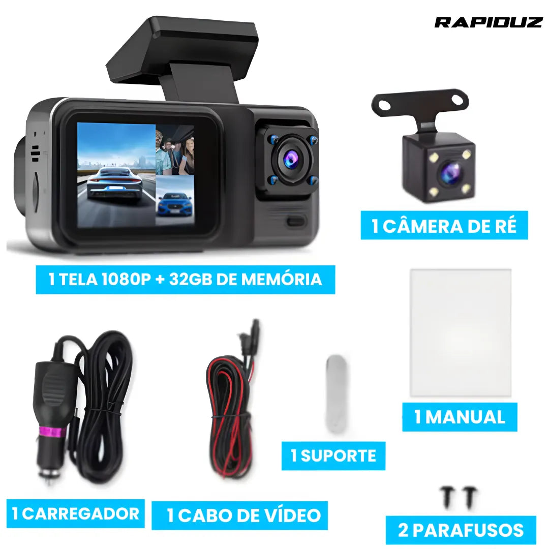 Imagem mostra conteúdo da caixa: câmera, suporte, parafusos, manual e carregador