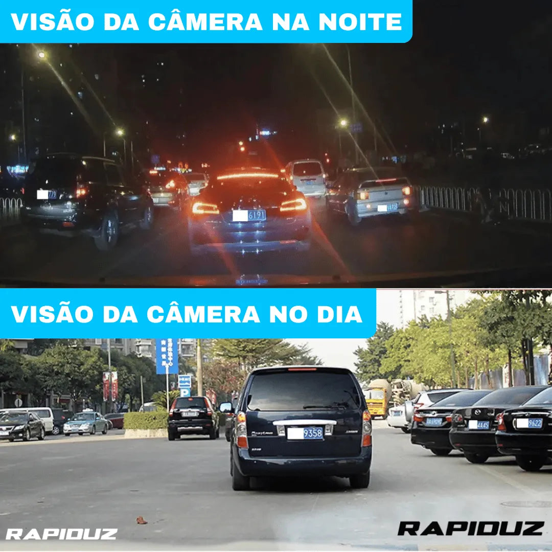 Imagem mostra comparação da câmera automotiva gravando de dia e à noite em alta definição