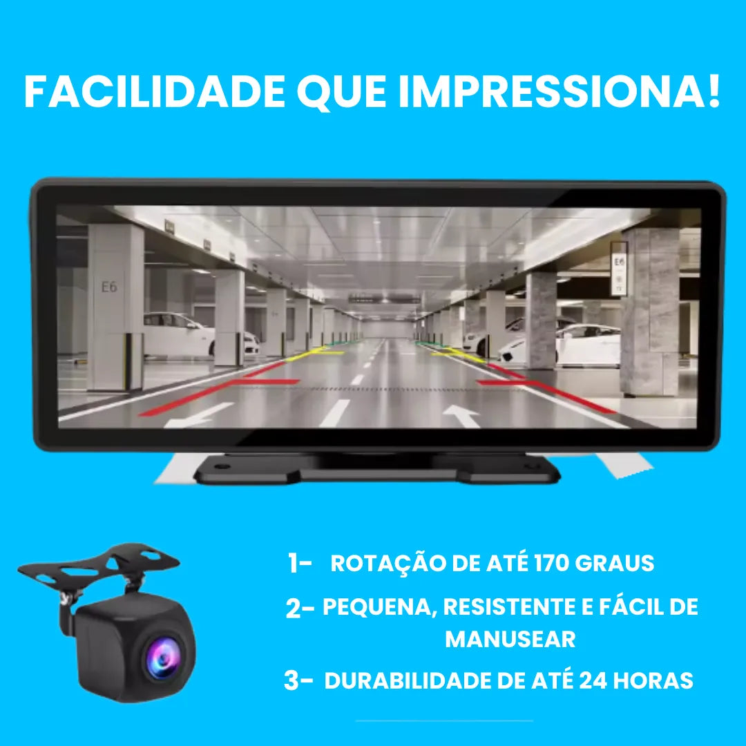 Imagem mostra os benefícios da câmera de ré do multimidia: precisão, segurança e praticidade
