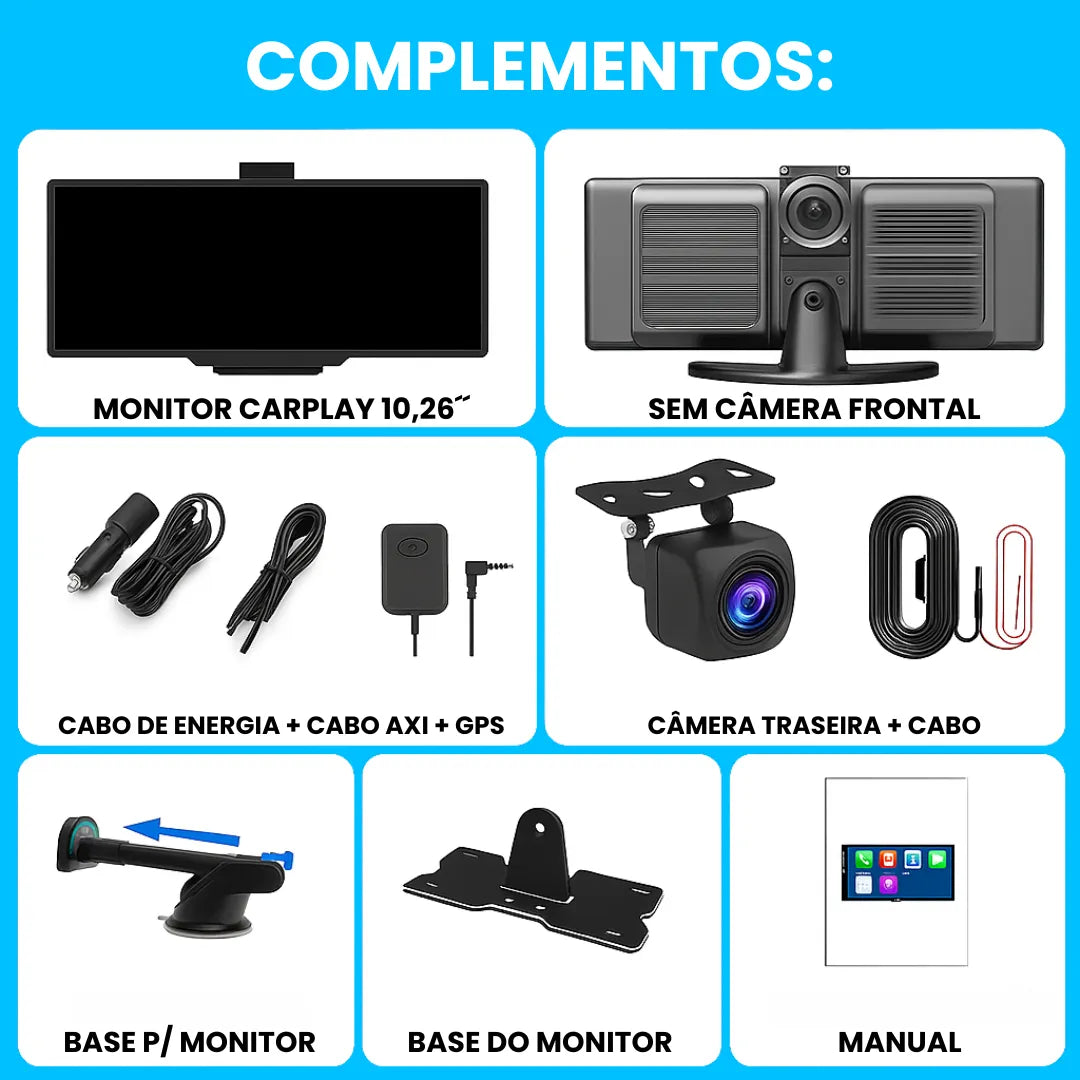 Imagem mostra todos os itens da câmera de ré com multimídia que vem no pacote
