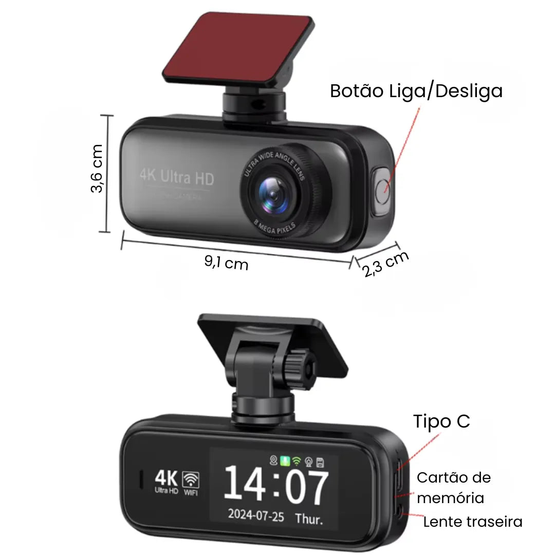 imagem mostra o tamanho da camera para carro e as funções de cada botão da camera para carro