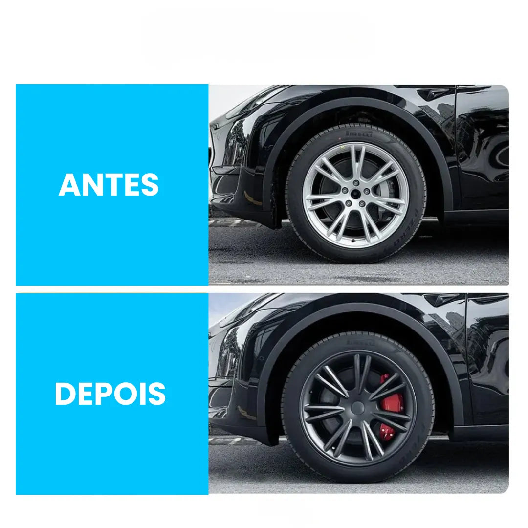 imagem mostra a transformação que a capa da pinça de freio trouxe para o carro