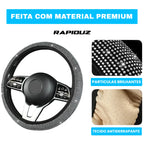 Capa de volante feita com tecido antiderrapante e partículas brilhantes no acabamento