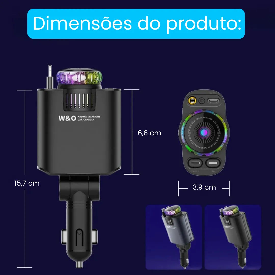 imagem mostra o tamanho do carregador veicular 