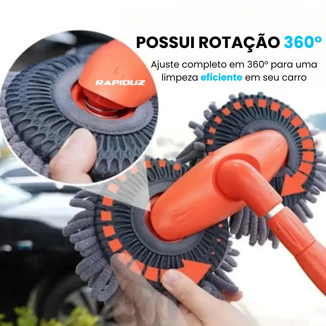 Esfregão giratório 360°, ideal para alcançar todos os cantos do carro.
