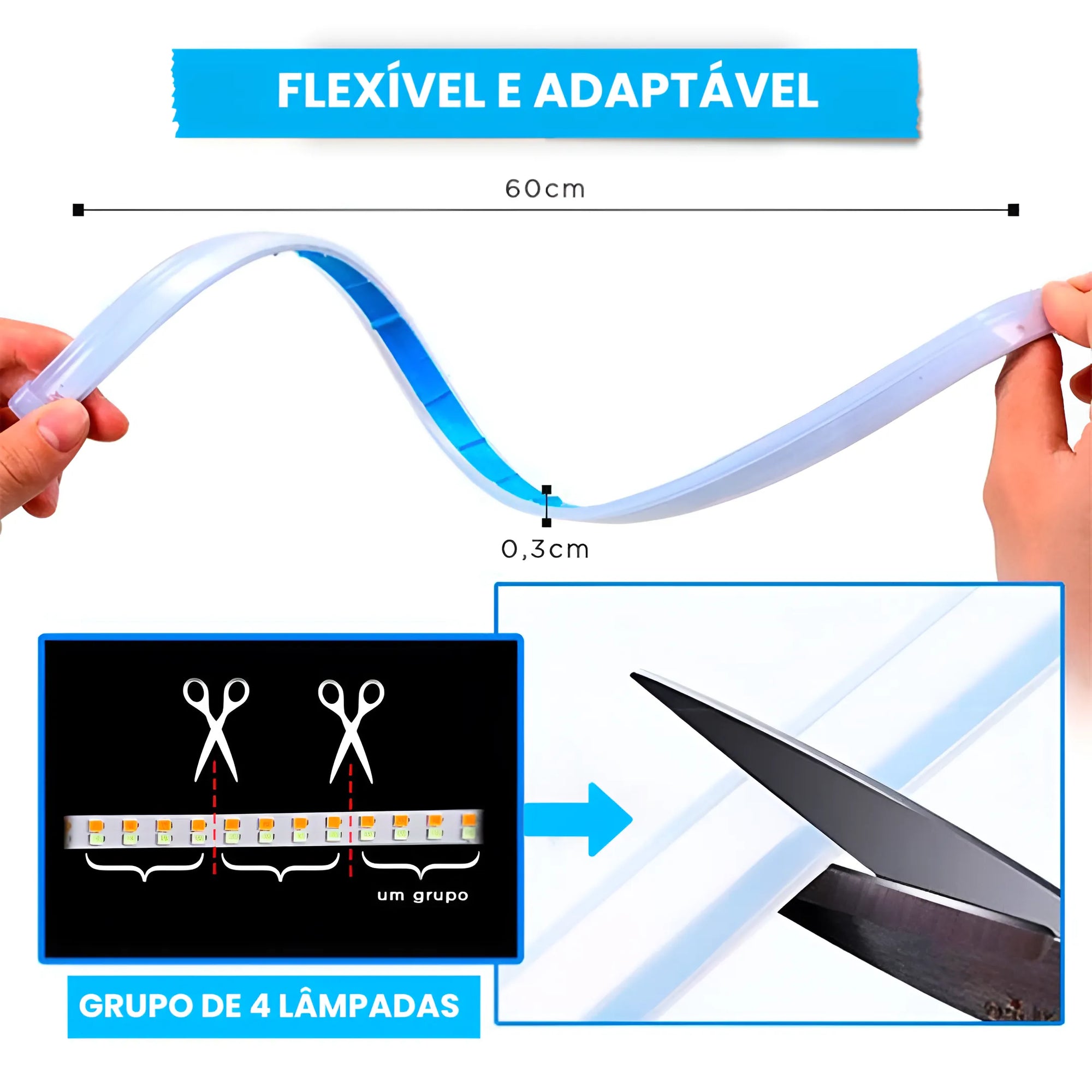 Fita LED flexível e ajustável, ideal para diferentes formatos e fácil de posicionar no farol.