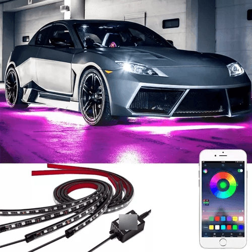 Fita de LED instalada embaixo do carro com iluminação roxa vibrante conectada ao veículo