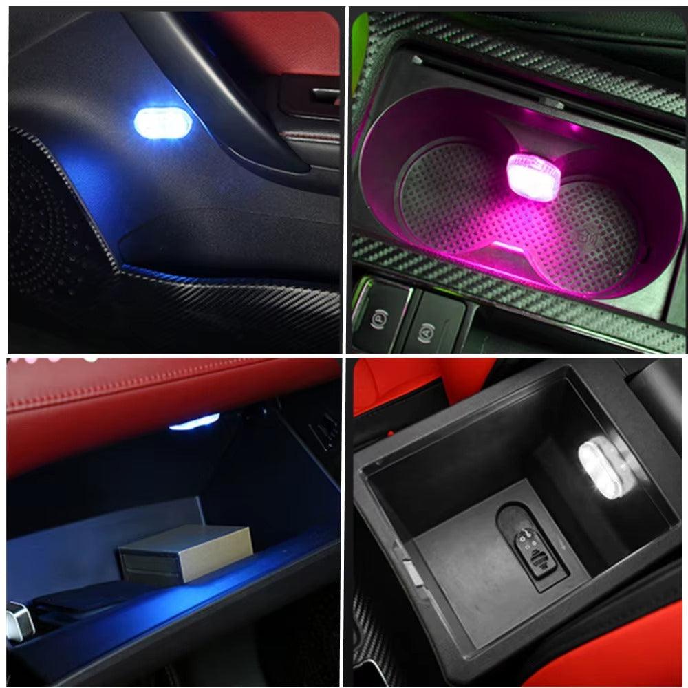 Luz de LED magnética sendo usada no interior do carro, iluminando com várias cores vibrantes