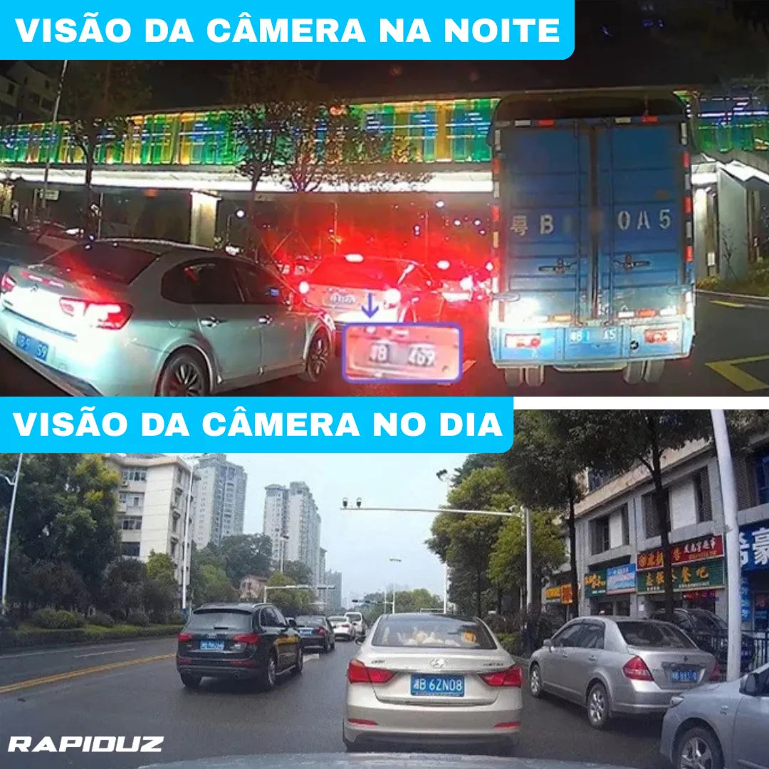 comparação da câmera do retrovisor gravando de dia e de noite, ambos com alta definição