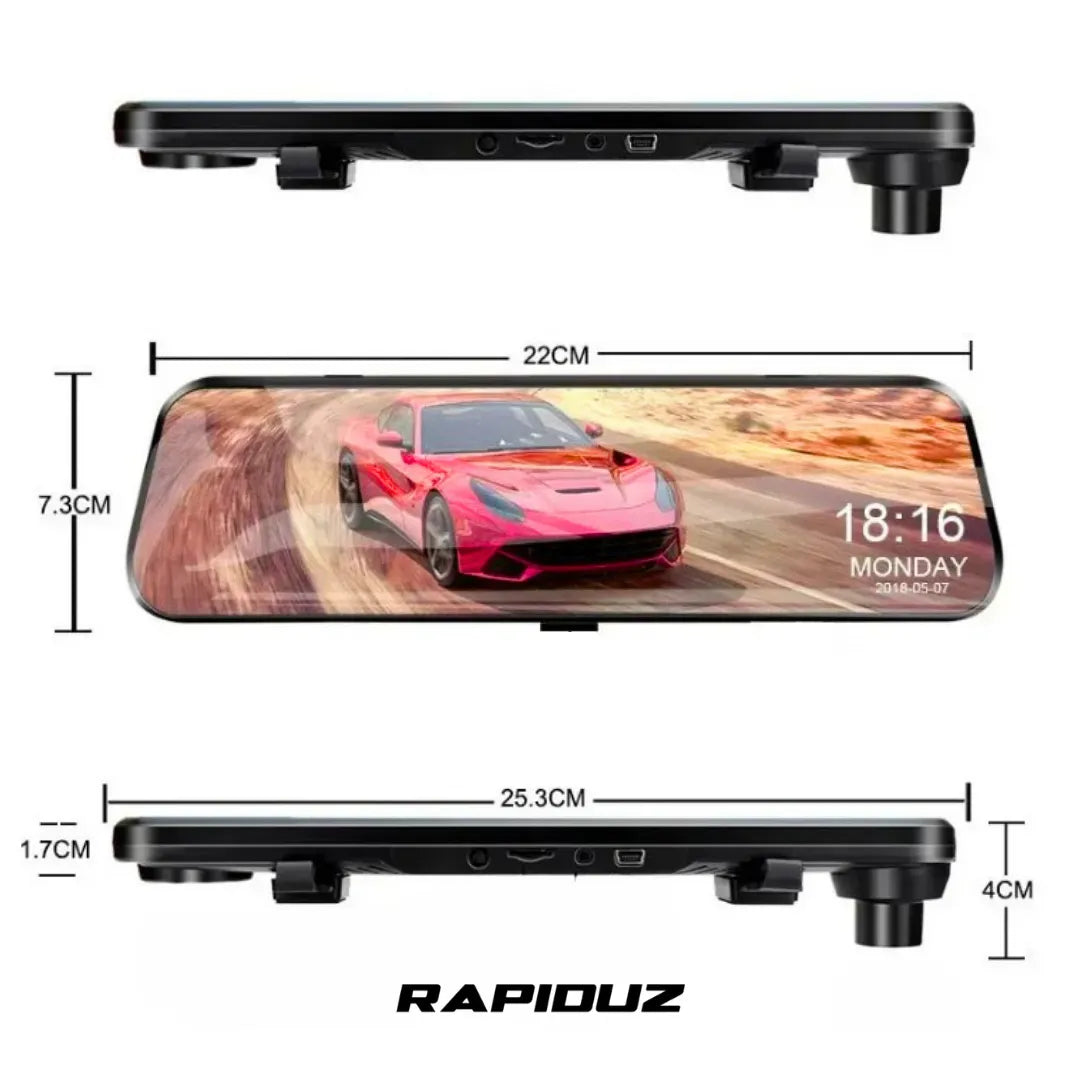 Imagem mostra medidas do retrovisor com câmera de ré em centímetros, largura e altura