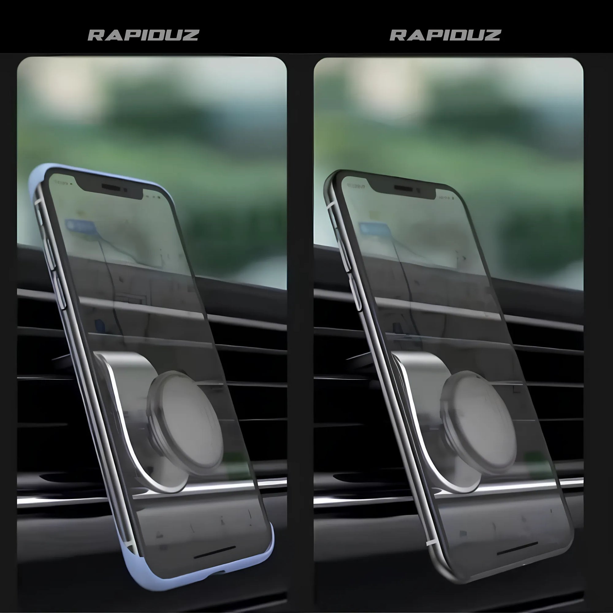 Imagem mostra celular preso com segurança no suporte magnético para direção segura.