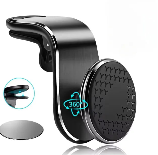Suporte magnético 360°, rotação total e fixação forte para celular no carro.