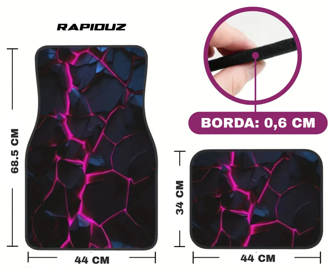 Tapete automotivo com dimensões exibidas em centímetros, altura, largura e bordas